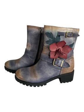 Socofy Leather Ankle Boots Vintage Wash Floral Appliqué Boho  Sz 8.5 Narrow​